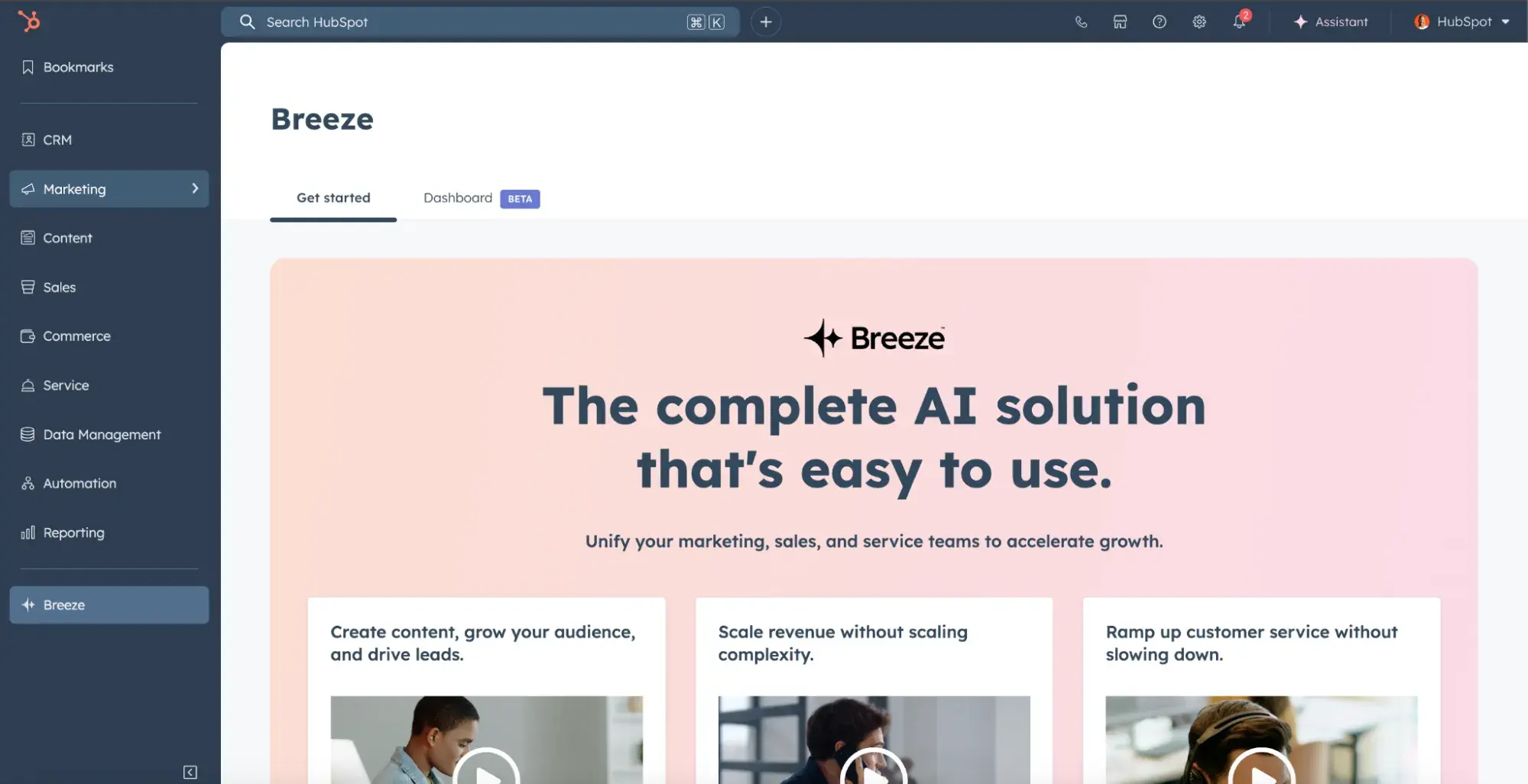 a screenshot of hubspot’s portal 53, showcasing a landing page advertising breeze ai, next to a left-sided menu of all of hubspot’s CRM tools