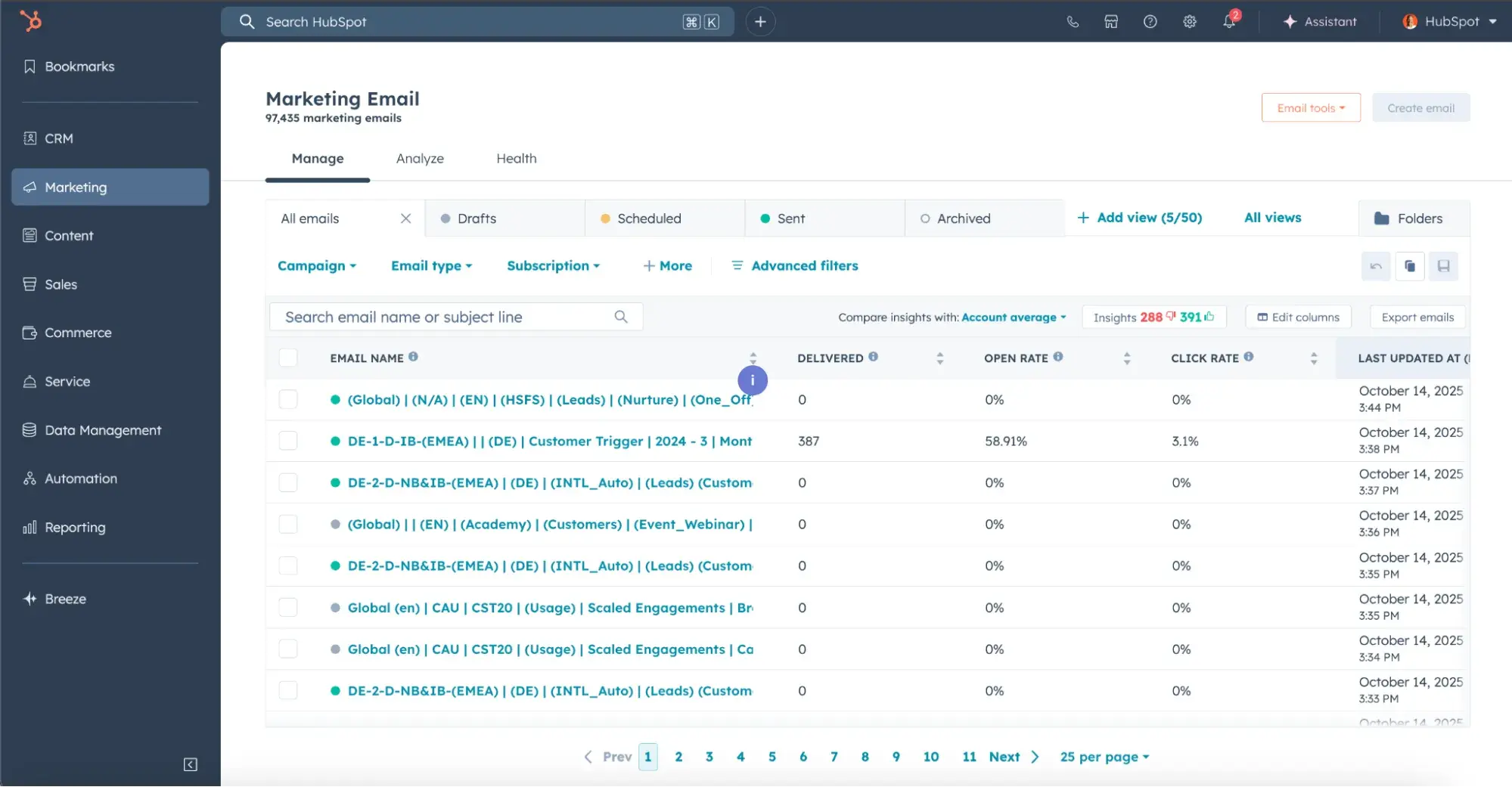a screenshot of hubspot’s marketing hub CRM, highlighting its marketing email campaign library and active campaigns within it