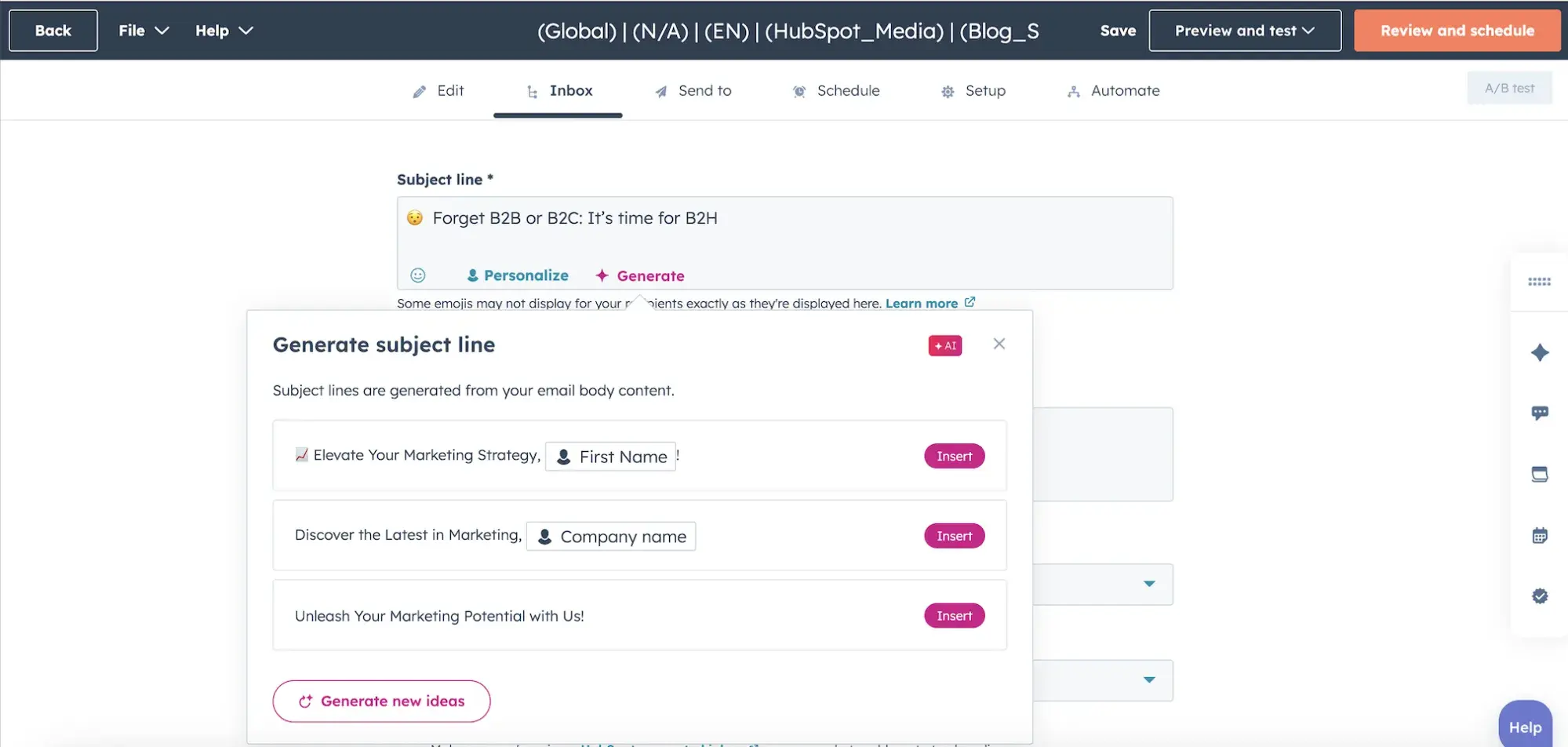 a screenshot of hubspot’s email marketing software, highlighting how to optimize email subject lines using ai within the HubSpot CRM