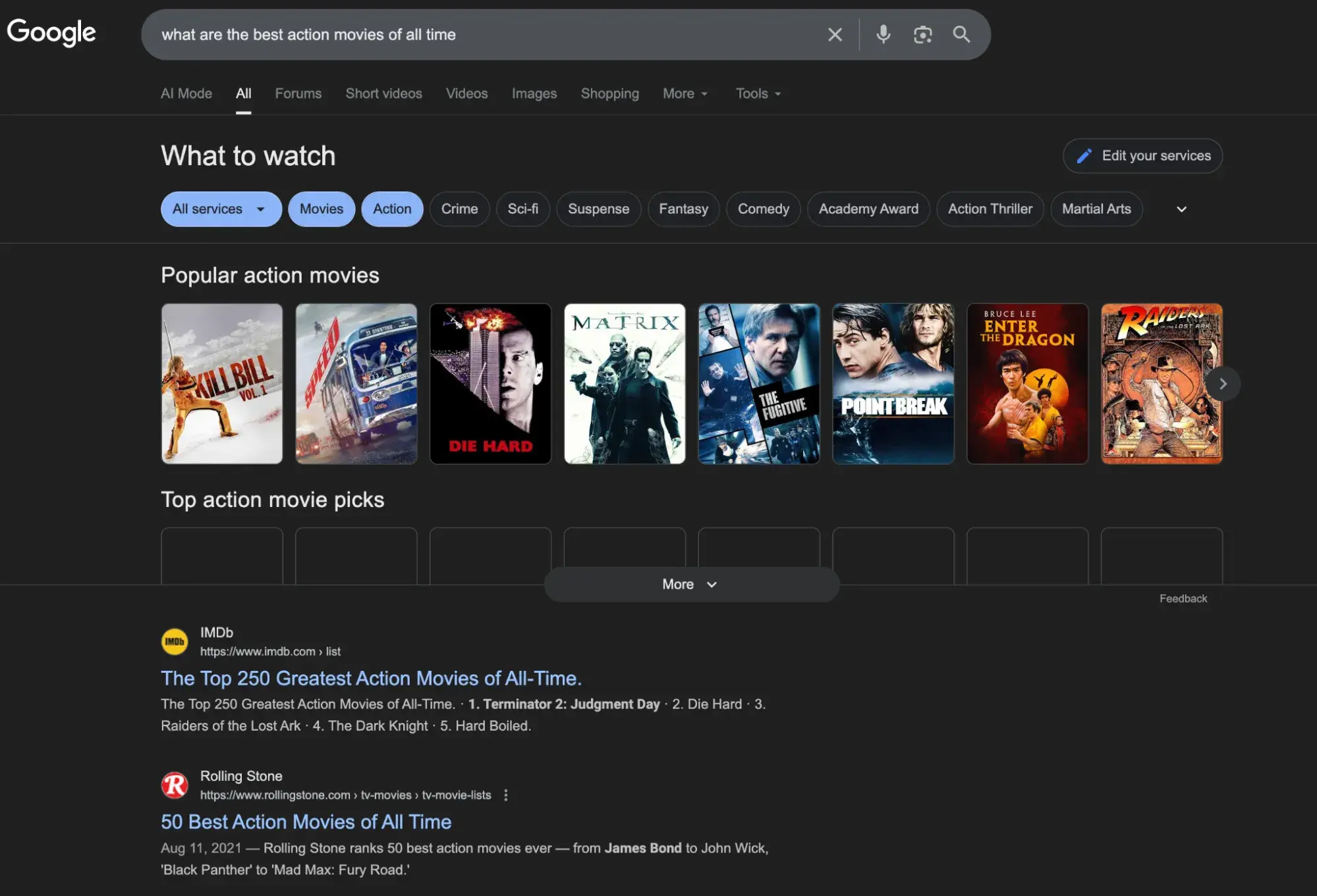 screenshot of google serp results for “what are the best action movies of all time.”