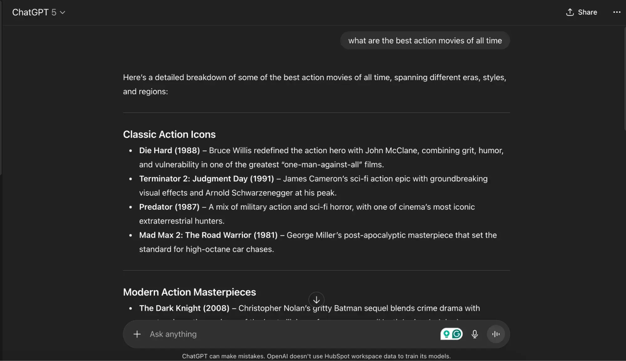 screenshot of chatgpt response for “what are the best action movies of all time.”