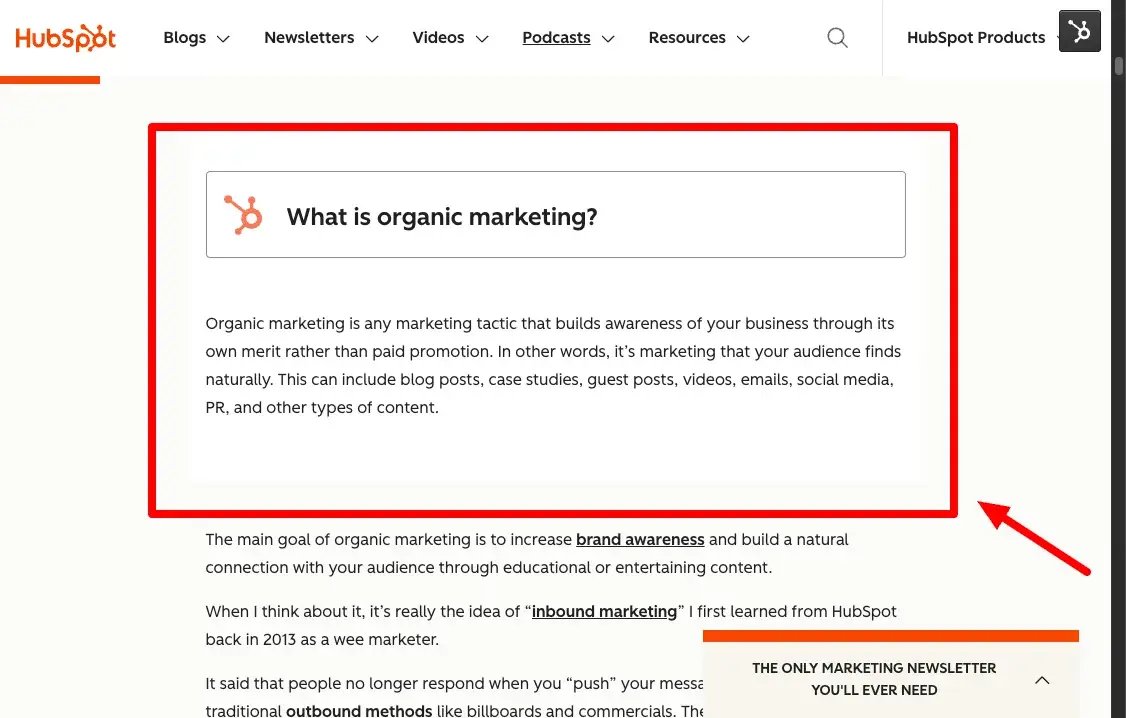 screenshot showing an example of a schema box built into the hubspot template.