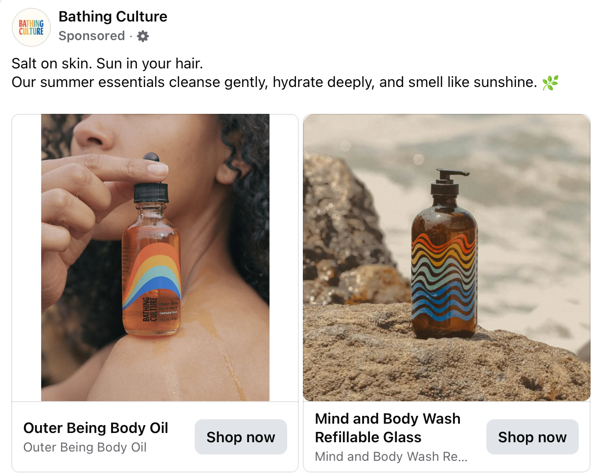 A Facebook ad from Bathing Culture supports three benefits of their grooming products with photos.