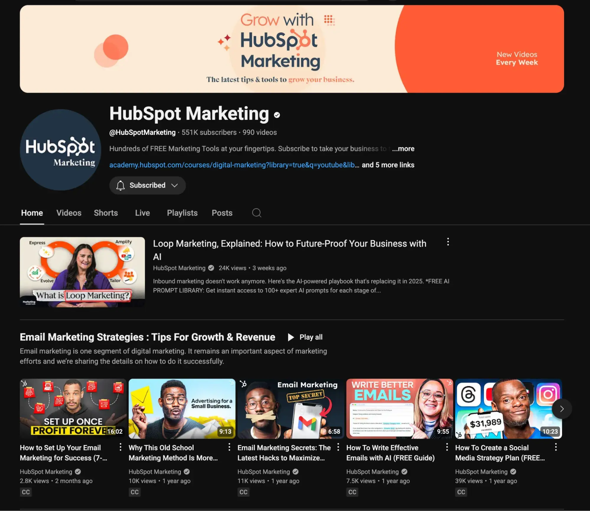 screenshot showing videos available as content marketing on hubspot’s marketing youtube channel.