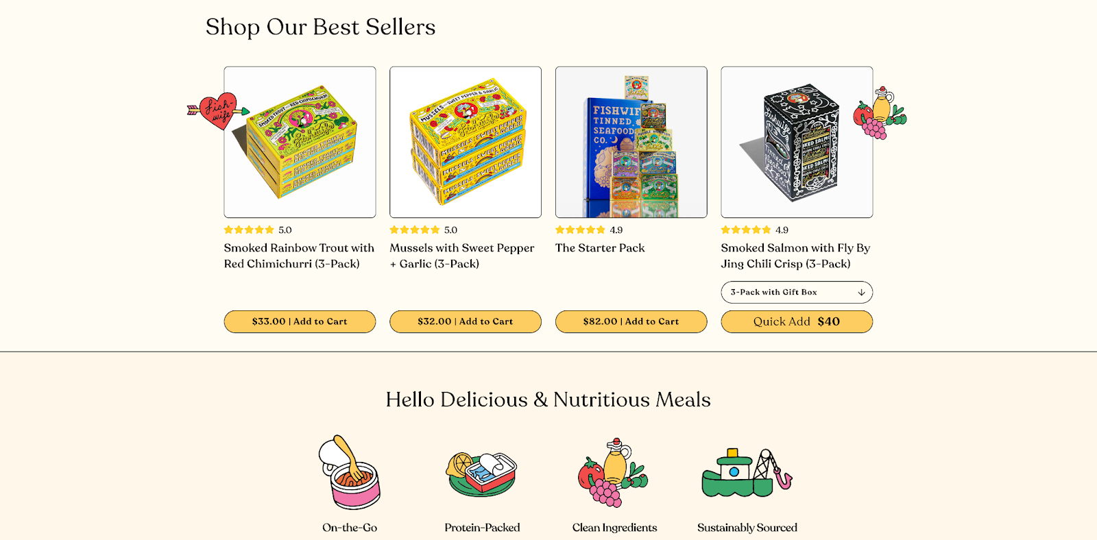 Fishwife’s homepage showcases its distinct imagery and packaging