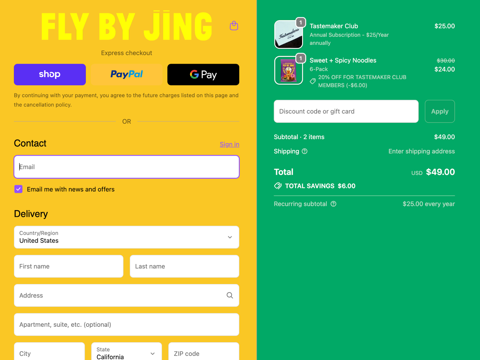 Fly By Jing review order page.