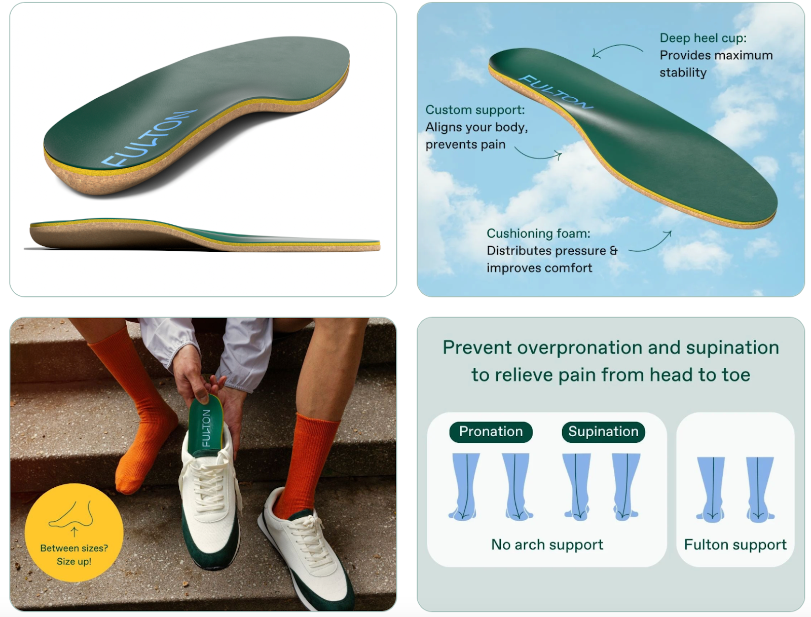 The product page for Fulton’s Classic Insoles directly connects design features with consumer benefits.