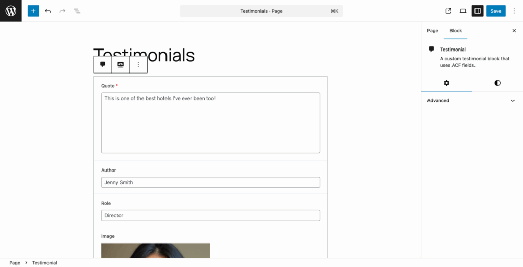 A screenshot showing the way content inside of ACF Blocks was edited prior to ACF 6.6.