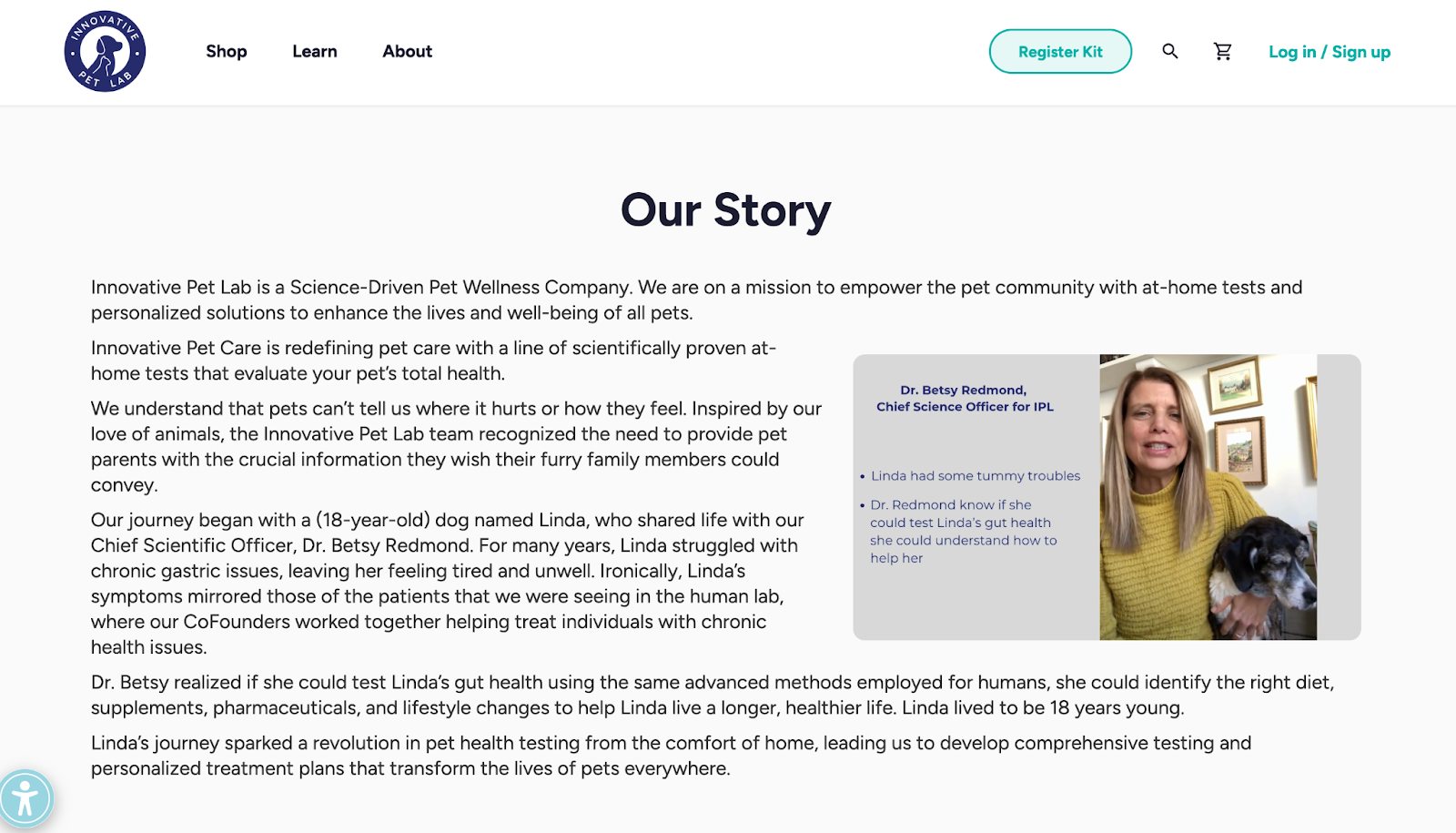 Innovative Pet Lab’s Meet the Team page includes the founder’s journey and a video.