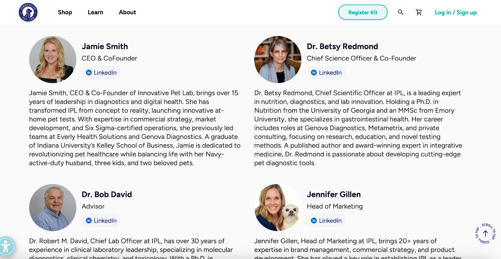 Innovative Pet Lab’s team bios are concise and feature social media links.