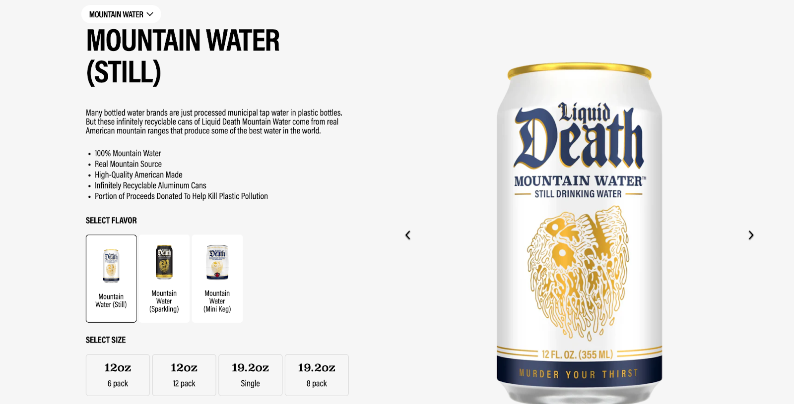 Product page for Liquid Death’s Mountain Water with the skull logo on the can