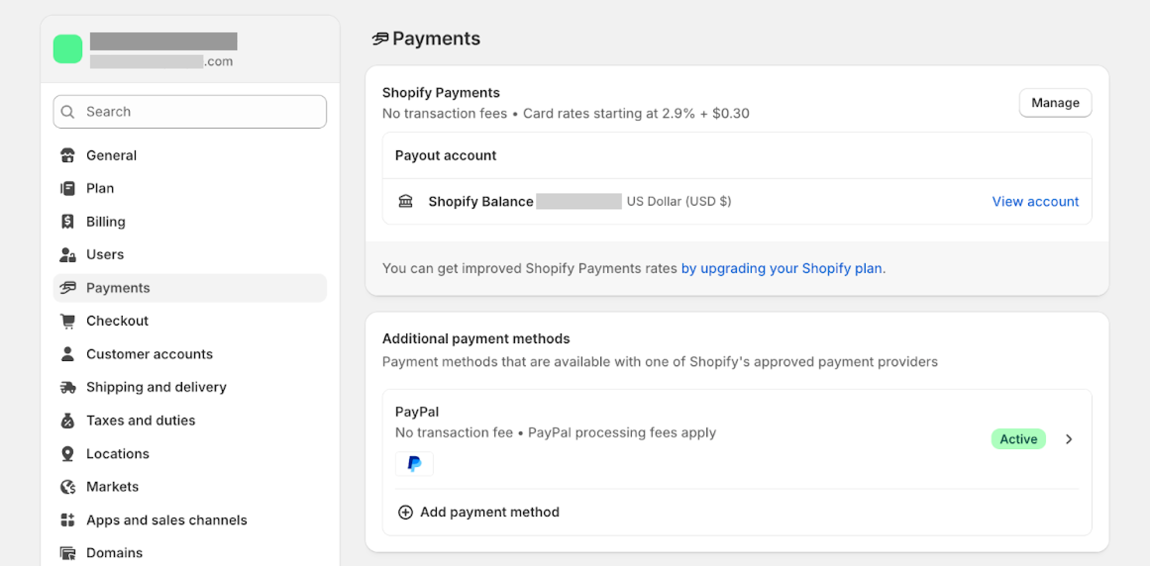 the payments section of the settings in the Shopify admin dashboard
