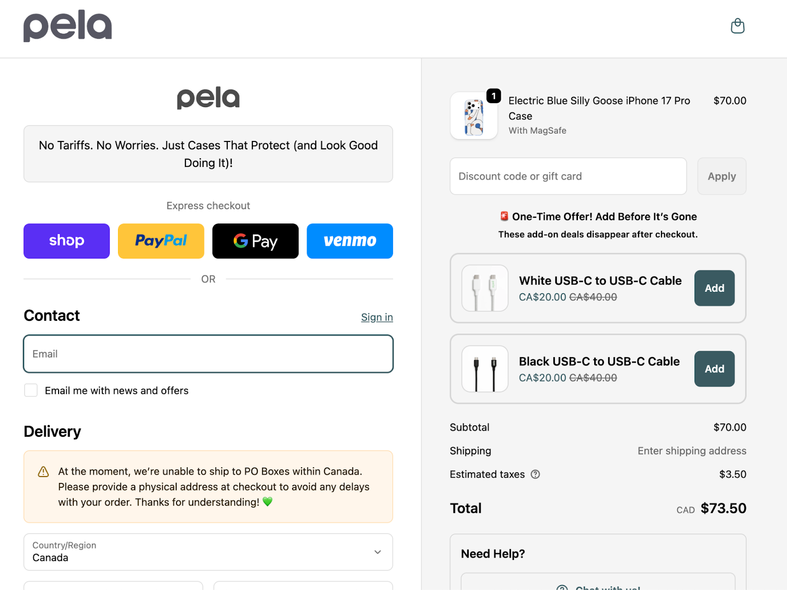 Pela review order page.