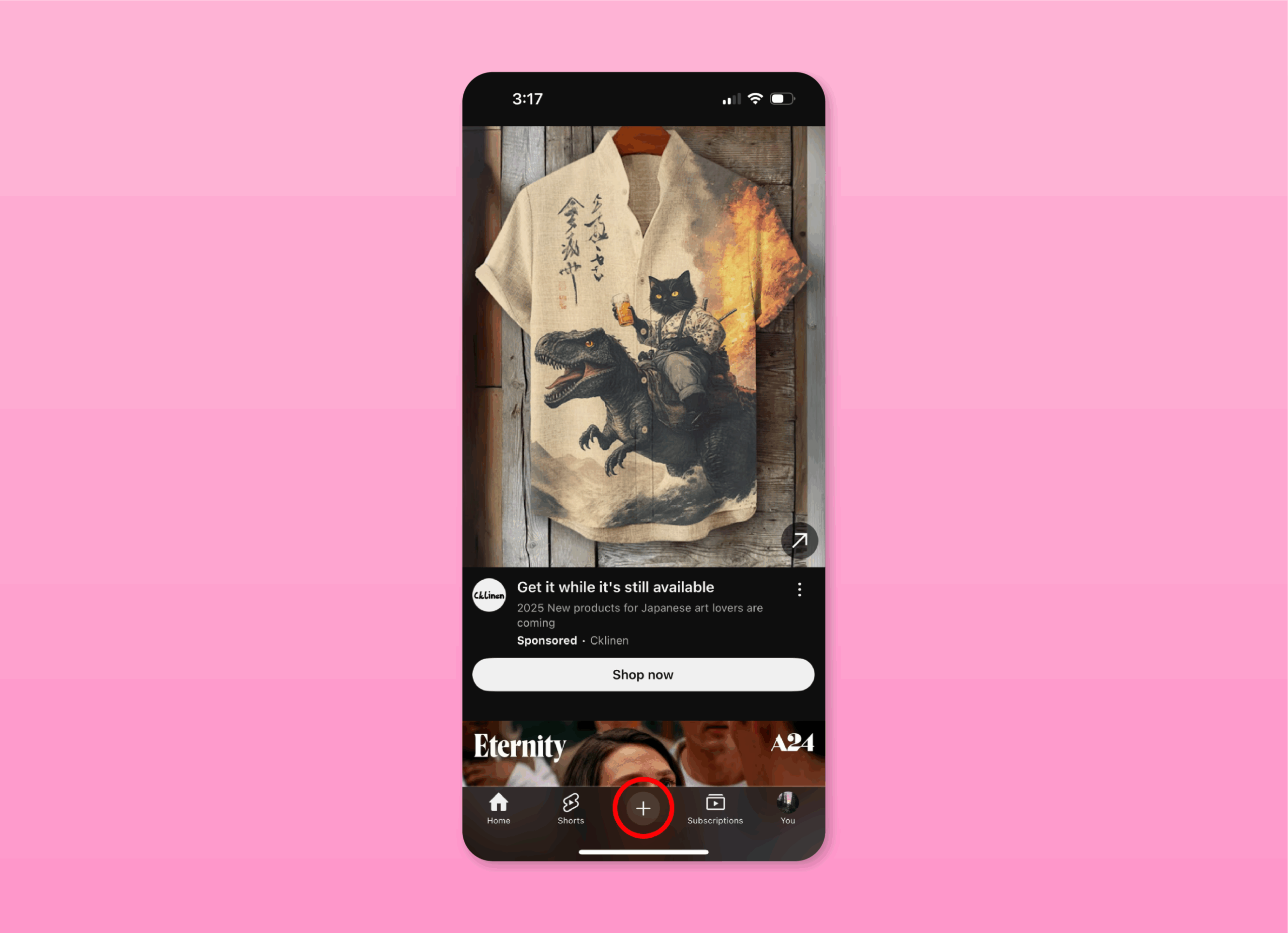 Click the + button in the YouTube app to start uploading a video