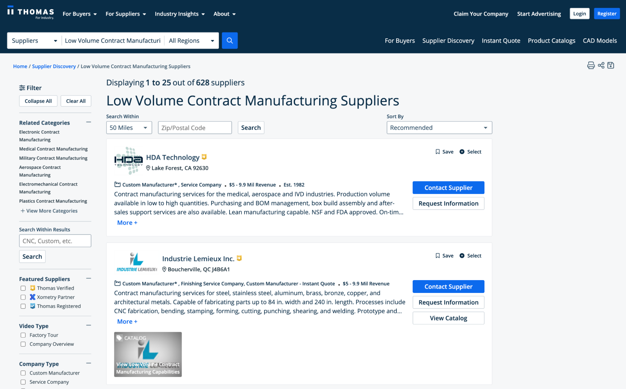 Thomasnet.com showing a list of low-volume contract manufacturing suppliers.